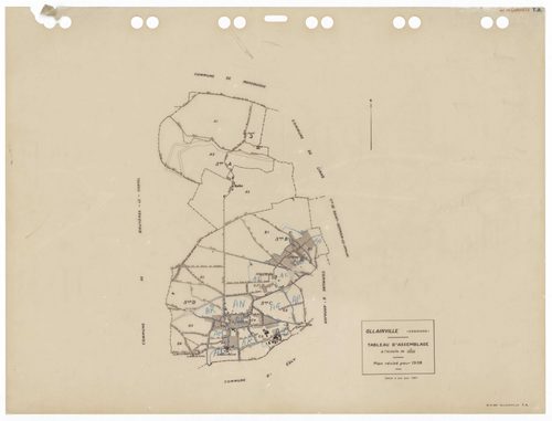OLLAINVILLE, plans minutes de conservation : tableau d'assemblage,1938, Ech. 1/10000 ; plans des sections A1, A2, A3, B1, C1, D1, 1938, Ech. 1/2500, sections D3, D4, 1938, Ech. 1/1250, sections AA, AB, AC, AD, AE, AH, AI, AK, AL, AM, AN, AP, AR, 2000, Ech
