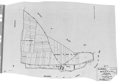 OLLAINVILLE. - Cadastre révisé pour 1938 : plan du tableau d'assemblage , plans de la section A les Bois 1ère feuille, idem 2ème feuille, idem 3ème feuille, section B la Roche 1ère feuille, idem 2ème feuille, section C l'Est 1ère feuille, idem 2ème feuill