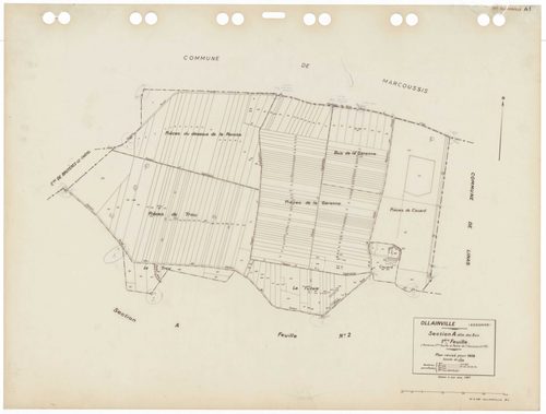OLLAINVILLE, plans minutes de conservation : tableau d'assemblage,1938, Ech. 1/10000 ; plans des sections A1, A2, A3, B1, C1, D1, 1938, Ech. 1/2500, sections D3, D4, 1938, Ech. 1/1250, sections AA, AB, AC, AD, AE, AH, AI, AK, AL, AM, AN, AP, AR, 2000, Ech