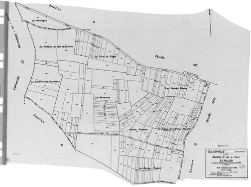OLLAINVILLE. - Cadastre révisé pour 1938 : plan du tableau d'assemblage , plans de la section A les Bois 1ère feuille, idem 2ème feuille, idem 3ème feuille, section B la Roche 1ère feuille, idem 2ème feuille, section C l'Est 1ère feuille, idem 2ème feuill