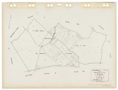 OLLAINVILLE, plans minutes de conservation : tableau d'assemblage,1938, Ech. 1/10000 ; plans des sections A1, A2, A3, B1, C1, D1, 1938, Ech. 1/2500, sections D3, D4, 1938, Ech. 1/1250, sections AA, AB, AC, AD, AE, AH, AI, AK, AL, AM, AN, AP, AR, 2000, Ech