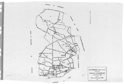 OLLAINVILLE. - Cadastre révisé pour 1938 : plan du tableau d'assemblage , plans de la section A les Bois 1ère feuille, idem 2ème feuille, idem 3ème feuille, section B la Roche 1ère feuille, idem 2ème feuille, section C l'Est 1ère feuille, idem 2ème feuill