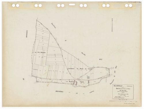 OLLAINVILLE, plans minutes de conservation : tableau d'assemblage,1938, Ech. 1/10000 ; plans des sections A1, A2, A3, B1, C1, D1, 1938, Ech. 1/2500, sections D3, D4, 1938, Ech. 1/1250, sections AA, AB, AC, AD, AE, AH, AI, AK, AL, AM, AN, AP, AR, 2000, Ech