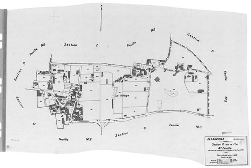 OLLAINVILLE. - Cadastre révisé pour 1938 : plan du tableau d'assemblage , plans de la section A les Bois 1ère feuille, idem 2ème feuille, idem 3ème feuille, section B la Roche 1ère feuille, idem 2ème feuille, section C l'Est 1ère feuille, idem 2ème feuill