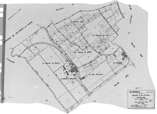 OLLAINVILLE. - Cadastre révisé pour 1938 : plan du tableau d'assemblage , plans de la section A les Bois 1ère feuille, idem 2ème feuille, idem 3ème feuille, section B la Roche 1ère feuille, idem 2ème feuille, section C l'Est 1ère feuille, idem 2ème feuill
