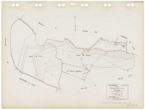 OLLAINVILLE, plans minutes de conservation : tableau d'assemblage,1938, Ech. 1/10000 ; plans des sections A1, A2, A3, B1, C1, D1, 1938, Ech. 1/2500, sections D3, D4, 1938, Ech. 1/1250, sections AA, AB, AC, AD, AE, AH, AI, AK, AL, AM, AN, AP, AR, 2000, Ech