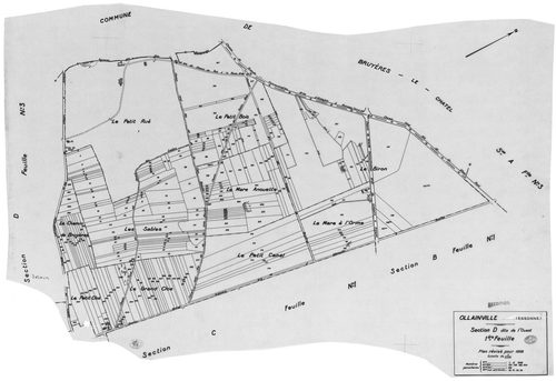 OLLAINVILLE. - Cadastre révisé pour 1938 : plan du tableau d'assemblage , plans de la section A les Bois 1ère feuille, idem 2ème feuille, idem 3ème feuille, section B la Roche 1ère feuille, idem 2ème feuille, section C l'Est 1ère feuille, idem 2ème feuill