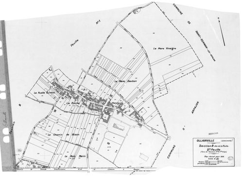 OLLAINVILLE. - Cadastre révisé pour 1938 : plan du tableau d'assemblage , plans de la section A les Bois 1ère feuille, idem 2ème feuille, idem 3ème feuille, section B la Roche 1ère feuille, idem 2ème feuille, section C l'Est 1ère feuille, idem 2ème feuill