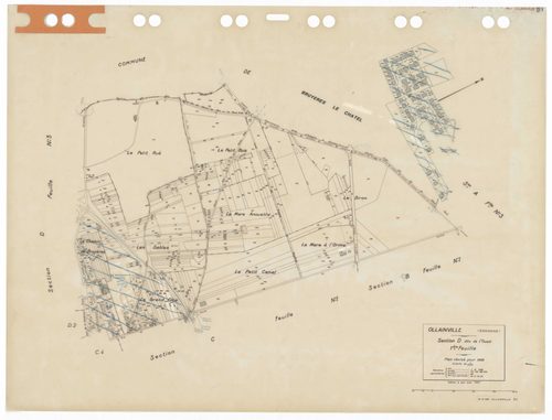 OLLAINVILLE, plans minutes de conservation : tableau d'assemblage,1938, Ech. 1/10000 ; plans des sections A1, A2, A3, B1, C1, D1, 1938, Ech. 1/2500, sections D3, D4, 1938, Ech. 1/1250, sections AA, AB, AC, AD, AE, AH, AI, AK, AL, AM, AN, AP, AR, 2000, Ech