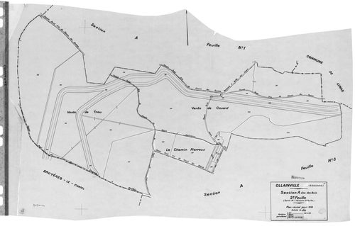 OLLAINVILLE. - Cadastre révisé pour 1938 : plan du tableau d'assemblage , plans de la section A les Bois 1ère feuille, idem 2ème feuille, idem 3ème feuille, section B la Roche 1ère feuille, idem 2ème feuille, section C l'Est 1ère feuille, idem 2ème feuill