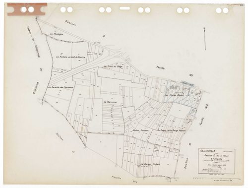 OLLAINVILLE, plans minutes de conservation : tableau d'assemblage,1938, Ech. 1/10000 ; plans des sections A1, A2, A3, B1, C1, D1, 1938, Ech. 1/2500, sections D3, D4, 1938, Ech. 1/1250, sections AA, AB, AC, AD, AE, AH, AI, AK, AL, AM, AN, AP, AR, 2000, Ech