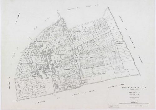 ONCY-SUR-ECOLE, plans minutes de conservation : tableau d'assemblage, 1934, Ech. 1/10000 ; plans des sections A1, A2, B1, B2, B3, C1, C2, C3, D1, D2, E1, E2, 1934, Ech. 1/1250. Polyester. N et B. Dim. 105 x 80 cm [13 plans]. 