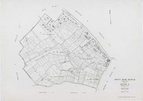ONCY-SUR-ECOLE, plans minutes de conservation : tableau d'assemblage, 1934, Ech. 1/10000 ; plans des sections A1, A2, B1, B2, B3, C1, C2, C3, D1, D2, E1, E2, 1934, Ech. 1/1250. Polyester. N et B. Dim. 105 x 80 cm [13 plans]. 