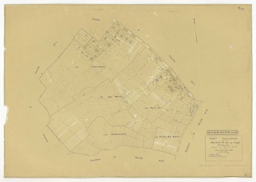 Plans minutes de conservation : ONCY-SUR-ECOLE : tableau d'assemblage n°1, ech. 1/10000 (1934), sections A1, A2, B1, B2, B3, C1, C2, C3, D1, D2, E1, E2, ech. 1/1250 (1934), NB, papier, 105x80 [13 plans]. 