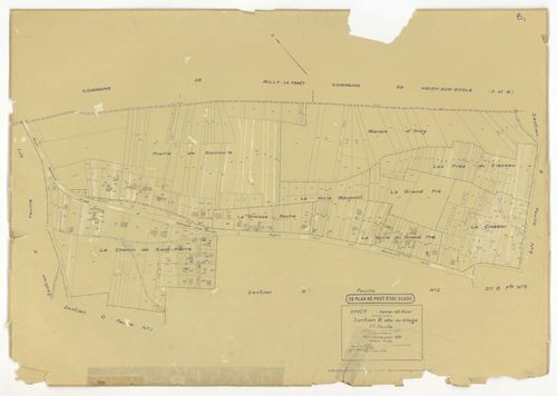 Plans minutes de conservation : ONCY-SUR-ECOLE : tableau d'assemblage n°1, ech. 1/10000 (1934), sections A1, A2, B1, B2, B3, C1, C2, C3, D1, D2, E1, E2, ech. 1/1250 (1934), NB, papier, 105x80 [13 plans]. 