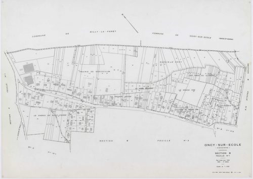 ONCY-SUR-ECOLE, plans minutes de conservation : tableau d'assemblage, 1934, Ech. 1/10000 ; plans des sections A1, A2, B1, B2, B3, C1, C2, C3, D1, D2, E1, E2, 1934, Ech. 1/1250. Polyester. N et B. Dim. 105 x 80 cm [13 plans]. 
