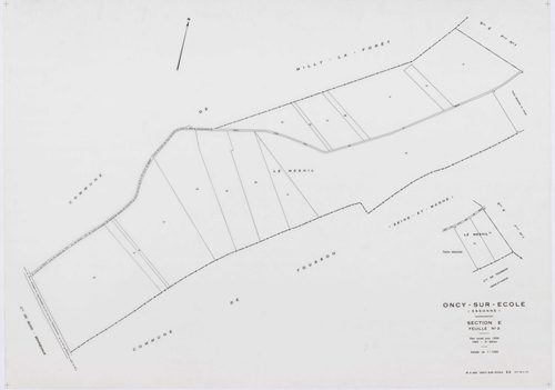 ONCY-SUR-ECOLE, plans minutes de conservation : tableau d'assemblage, 1934, Ech. 1/10000 ; plans des sections A1, A2, B1, B2, B3, C1, C2, C3, D1, D2, E1, E2, 1934, Ech. 1/1250. Polyester. N et B. Dim. 105 x 80 cm [13 plans]. 