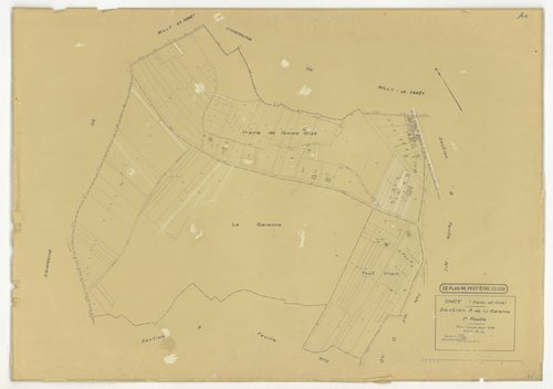 Plans minutes de conservation : ONCY-SUR-ECOLE : tableau d'assemblage n°1, ech. 1/10000 (1934), sections A1, A2, B1, B2, B3, C1, C2, C3, D1, D2, E1, E2, ech. 1/1250 (1934), NB, papier, 105x80 [13 plans]. 