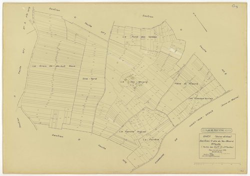 Plans minutes de conservation : ONCY-SUR-ECOLE : tableau d'assemblage n°1, ech. 1/10000 (1934), sections A1, A2, B1, B2, B3, C1, C2, C3, D1, D2, E1, E2, ech. 1/1250 (1934), NB, papier, 105x80 [13 plans]. 