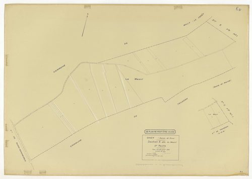 Plans minutes de conservation : ONCY-SUR-ECOLE : tableau d'assemblage n°1, ech. 1/10000 (1934), sections A1, A2, B1, B2, B3, C1, C2, C3, D1, D2, E1, E2, ech. 1/1250 (1934), NB, papier, 105x80 [13 plans]. 