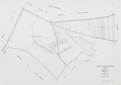 ONCY-SUR-ECOLE, plans minutes de conservation : tableau d'assemblage, 1934, Ech. 1/10000 ; plans des sections A1, A2, B1, B2, B3, C1, C2, C3, D1, D2, E1, E2, 1934, Ech. 1/1250. Polyester. N et B. Dim. 105 x 80 cm [13 plans]. 