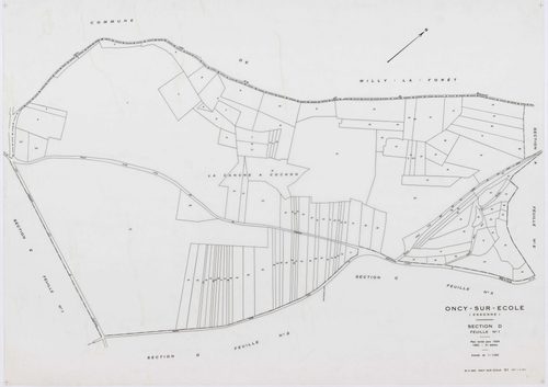 ONCY-SUR-ECOLE, plans minutes de conservation : tableau d'assemblage, 1934, Ech. 1/10000 ; plans des sections A1, A2, B1, B2, B3, C1, C2, C3, D1, D2, E1, E2, 1934, Ech. 1/1250. Polyester. N et B. Dim. 105 x 80 cm [13 plans]. 