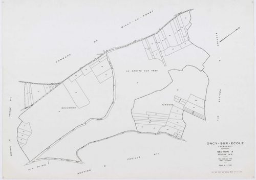 ONCY-SUR-ECOLE, plans minutes de conservation : tableau d'assemblage, 1934, Ech. 1/10000 ; plans des sections A1, A2, B1, B2, B3, C1, C2, C3, D1, D2, E1, E2, 1934, Ech. 1/1250. Polyester. N et B. Dim. 105 x 80 cm [13 plans]. 
