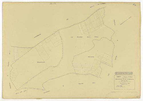 Plans minutes de conservation : ONCY-SUR-ECOLE : tableau d'assemblage n°1, ech. 1/10000 (1934), sections A1, A2, B1, B2, B3, C1, C2, C3, D1, D2, E1, E2, ech. 1/1250 (1934), NB, papier, 105x80 [13 plans]. 