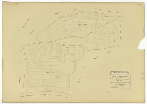 Plans minutes de conservation : ONCY-SUR-ECOLE : tableau d'assemblage n°1, ech. 1/10000 (1934), sections A1, A2, B1, B2, B3, C1, C2, C3, D1, D2, E1, E2, ech. 1/1250 (1934), NB, papier, 105x80 [13 plans]. 