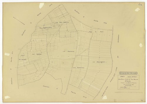 Plans minutes de conservation : ONCY-SUR-ECOLE : tableau d'assemblage n°1, ech. 1/10000 (1934), sections A1, A2, B1, B2, B3, C1, C2, C3, D1, D2, E1, E2, ech. 1/1250 (1934), NB, papier, 105x80 [13 plans]. 