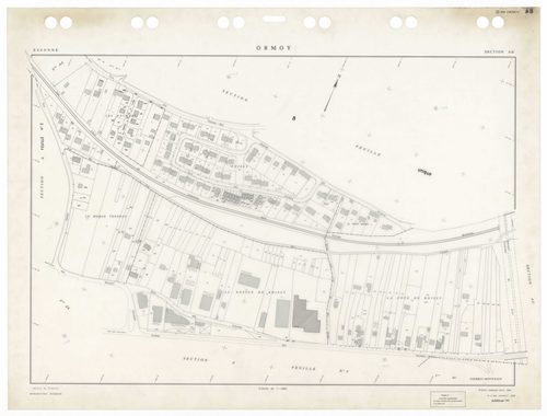 ORMOY, plans minutes de conservation : tableau d'assemblage,1938, Ech. 1/5000 ; plans des sections A1, A2, A4, Bu, 1938, Ech. 1/1250, section ZA, 1964, Ech. 1/2000, sections AA, AB, AC, 1992, Ech. 1/1000. Polyester. N et B. Dim. 105 x 80 cm [9 plans]. 