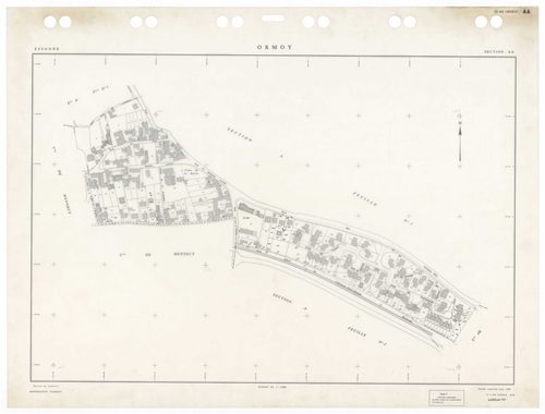 ORMOY, plans minutes de conservation : tableau d'assemblage,1938, Ech. 1/5000 ; plans des sections A1, A2, A4, Bu, 1938, Ech. 1/1250, section ZA, 1964, Ech. 1/2000, sections AA, AB, AC, 1992, Ech. 1/1000. Polyester. N et B. Dim. 105 x 80 cm [9 plans]. 