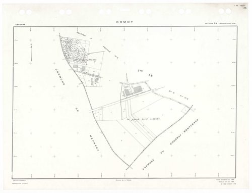 ORMOY, plans minutes de conservation : tableau d'assemblage,1938, Ech. 1/5000 ; plans des sections A1, A2, A4, Bu, 1938, Ech. 1/1250, section ZA, 1964, Ech. 1/2000, sections AA, AB, AC, 1992, Ech. 1/1000. Polyester. N et B. Dim. 105 x 80 cm [9 plans]. 
