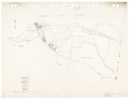 ORMOY, plans minutes de conservation : tableau d'assemblage,1938, Ech. 1/5000 ; plans des sections A1, A2, A4, Bu, 1938, Ech. 1/1250, section ZA, 1964, Ech. 1/2000, sections AA, AB, AC, 1992, Ech. 1/1000. Polyester. N et B. Dim. 105 x 80 cm [9 plans]. 
