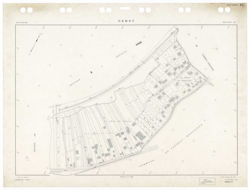 ORMOY, plans minutes de conservation : tableau d'assemblage,1938, Ech. 1/5000 ; plans des sections A1, A2, A4, Bu, 1938, Ech. 1/1250, section ZA, 1964, Ech. 1/2000, sections AA, AB, AC, 1992, Ech. 1/1000. Polyester. N et B. Dim. 105 x 80 cm [9 plans]. 