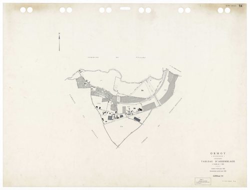 ORMOY, plans minutes de conservation : tableau d'assemblage,1938, Ech. 1/5000 ; plans des sections A1, A2, A4, Bu, 1938, Ech. 1/1250, section ZA, 1964, Ech. 1/2000, sections AA, AB, AC, 1992, Ech. 1/1000. Polyester. N et B. Dim. 105 x 80 cm [9 plans]. 