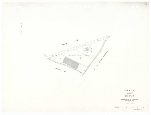ORMOY, plans minutes de conservation : tableau d'assemblage,1938, Ech. 1/5000 ; plans des sections A1, A2, A4, Bu, 1938, Ech. 1/1250, section ZA, 1964, Ech. 1/2000, sections AA, AB, AC, 1992, Ech. 1/1000. Polyester. N et B. Dim. 105 x 80 cm [9 plans]. 