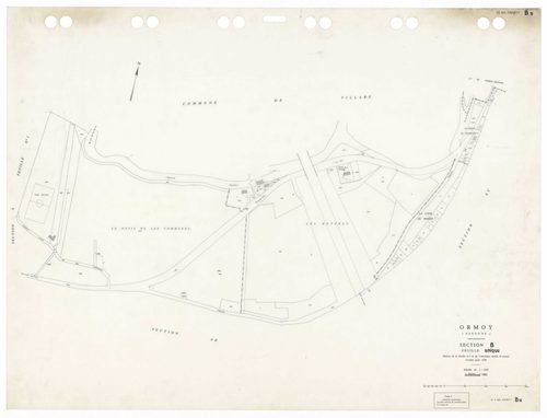 ORMOY, plans minutes de conservation : tableau d'assemblage,1938, Ech. 1/5000 ; plans des sections A1, A2, A4, Bu, 1938, Ech. 1/1250, section ZA, 1964, Ech. 1/2000, sections AA, AB, AC, 1992, Ech. 1/1000. Polyester. N et B. Dim. 105 x 80 cm [9 plans]. 