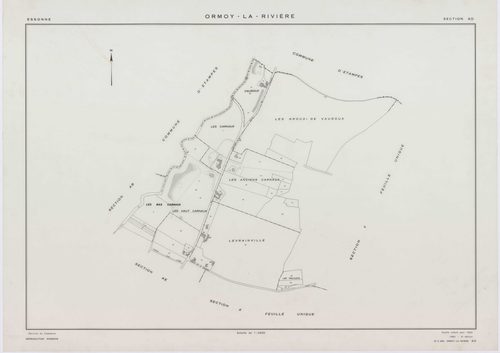 ORMOY-LA-RIVIERE, plans minutes de conservation : tableau d'assemblage, 1955, Ech. 1/10000 ; plans des sections T, U, V, W, X, Y, Z, AB, AC, AD, AE, AH, 1955, Ech. 1/2000. Polyester. N et B. Dim. 105 x 80 cm [13 plans]. 
