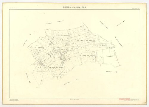Plans minutes de conservation : ORMOY-LA-RIVIERE : tableau d'assemblage, ech. 1/10000 (1955), sections AB, AC, AD, AE, AH, T, U, V, W, X, Y, Z, ech. 1/2000 (1955), NB, papier, 105x80 [13 plans]. 