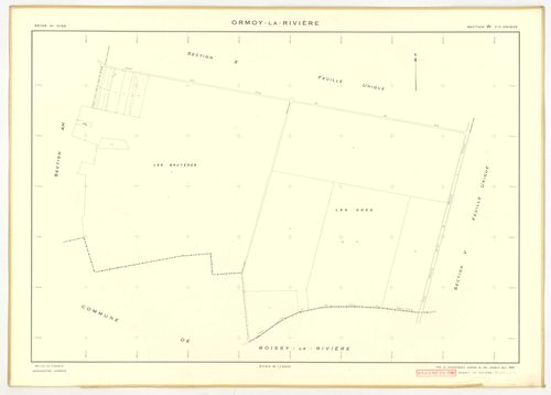 Plans minutes de conservation : ORMOY-LA-RIVIERE : tableau d'assemblage, ech. 1/10000 (1955), sections AB, AC, AD, AE, AH, T, U, V, W, X, Y, Z, ech. 1/2000 (1955), NB, papier, 105x80 [13 plans]. 