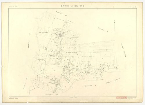 Plans minutes de conservation : ORMOY-LA-RIVIERE : tableau d'assemblage, ech. 1/10000 (1955), sections AB, AC, AD, AE, AH, T, U, V, W, X, Y, Z, ech. 1/2000 (1955), NB, papier, 105x80 [13 plans]. 