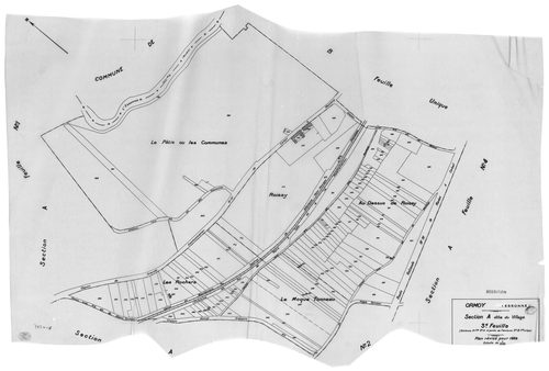 ORMOY. -Cadastre révisé pour 1938 : plan du tableau d'assemblage , plans de la section A le Village 1ère feuille, idem 2ème feuille, idem 3ème feuille, sectin B la Côte de Roissy ; cadastre révisé pour 1938 mis à jour pour 1978 : plan de la section B la C