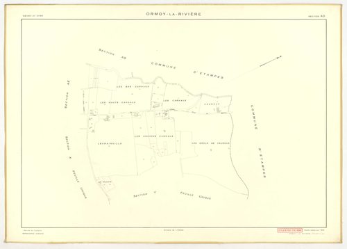Plans minutes de conservation : ORMOY-LA-RIVIERE : tableau d'assemblage, ech. 1/10000 (1955), sections AB, AC, AD, AE, AH, T, U, V, W, X, Y, Z, ech. 1/2000 (1955), NB, papier, 105x80 [13 plans]. 