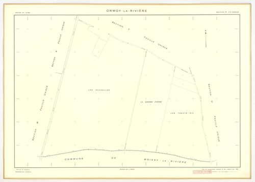 Plans minutes de conservation : ORMOY-LA-RIVIERE : tableau d'assemblage, ech. 1/10000 (1955), sections AB, AC, AD, AE, AH, T, U, V, W, X, Y, Z, ech. 1/2000 (1955), NB, papier, 105x80 [13 plans]. 