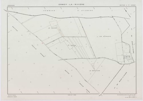 ORMOY-LA-RIVIERE, plans minutes de conservation : tableau d'assemblage, 1955, Ech. 1/10000 ; plans des sections T, U, V, W, X, Y, Z, AB, AC, AD, AE, AH, 1955, Ech. 1/2000. Polyester. N et B. Dim. 105 x 80 cm [13 plans]. 