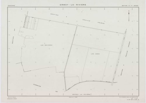 ORMOY-LA-RIVIERE, plans minutes de conservation : tableau d'assemblage, 1955, Ech. 1/10000 ; plans des sections T, U, V, W, X, Y, Z, AB, AC, AD, AE, AH, 1955, Ech. 1/2000. Polyester. N et B. Dim. 105 x 80 cm [13 plans]. 