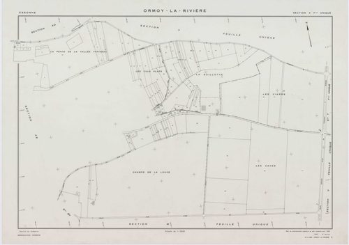 ORMOY-LA-RIVIERE, plans minutes de conservation : tableau d'assemblage, 1955, Ech. 1/10000 ; plans des sections T, U, V, W, X, Y, Z, AB, AC, AD, AE, AH, 1955, Ech. 1/2000. Polyester. N et B. Dim. 105 x 80 cm [13 plans]. 