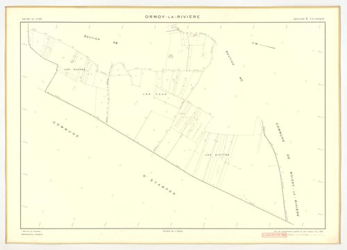 Plans minutes de conservation : ORMOY-LA-RIVIERE : tableau d'assemblage, ech. 1/10000 (1955), sections AB, AC, AD, AE, AH, T, U, V, W, X, Y, Z, ech. 1/2000 (1955), NB, papier, 105x80 [13 plans]. 