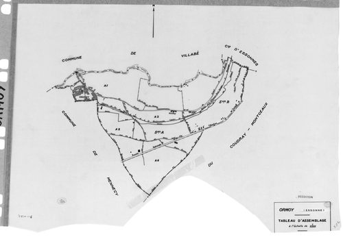 ORMOY. -Cadastre révisé pour 1938 : plan du tableau d'assemblage , plans de la section A le Village 1ère feuille, idem 2ème feuille, idem 3ème feuille, sectin B la Côte de Roissy ; cadastre révisé pour 1938 mis à jour pour 1978 : plan de la section B la C